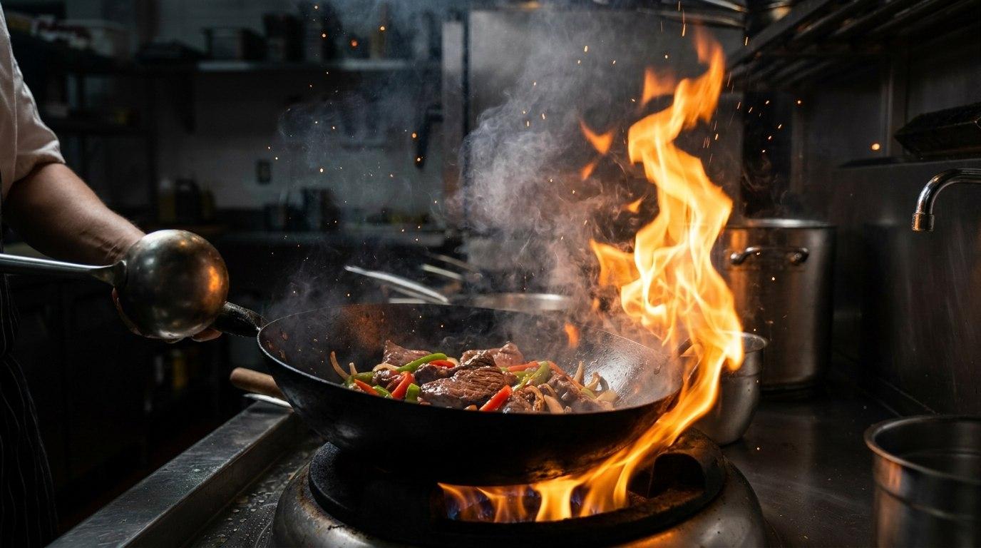 A flaming wok of grilled beef and peppers cooking in the GG FOODS kitchen